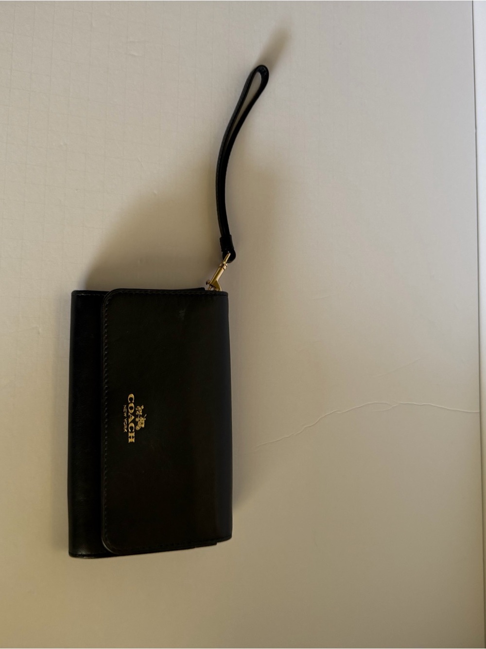 COACH Black Leather Wristlet Wallet with Gold Logo